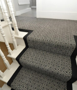 Axminster Stair runners, Diamond, Black, Ivory with linen tape border
